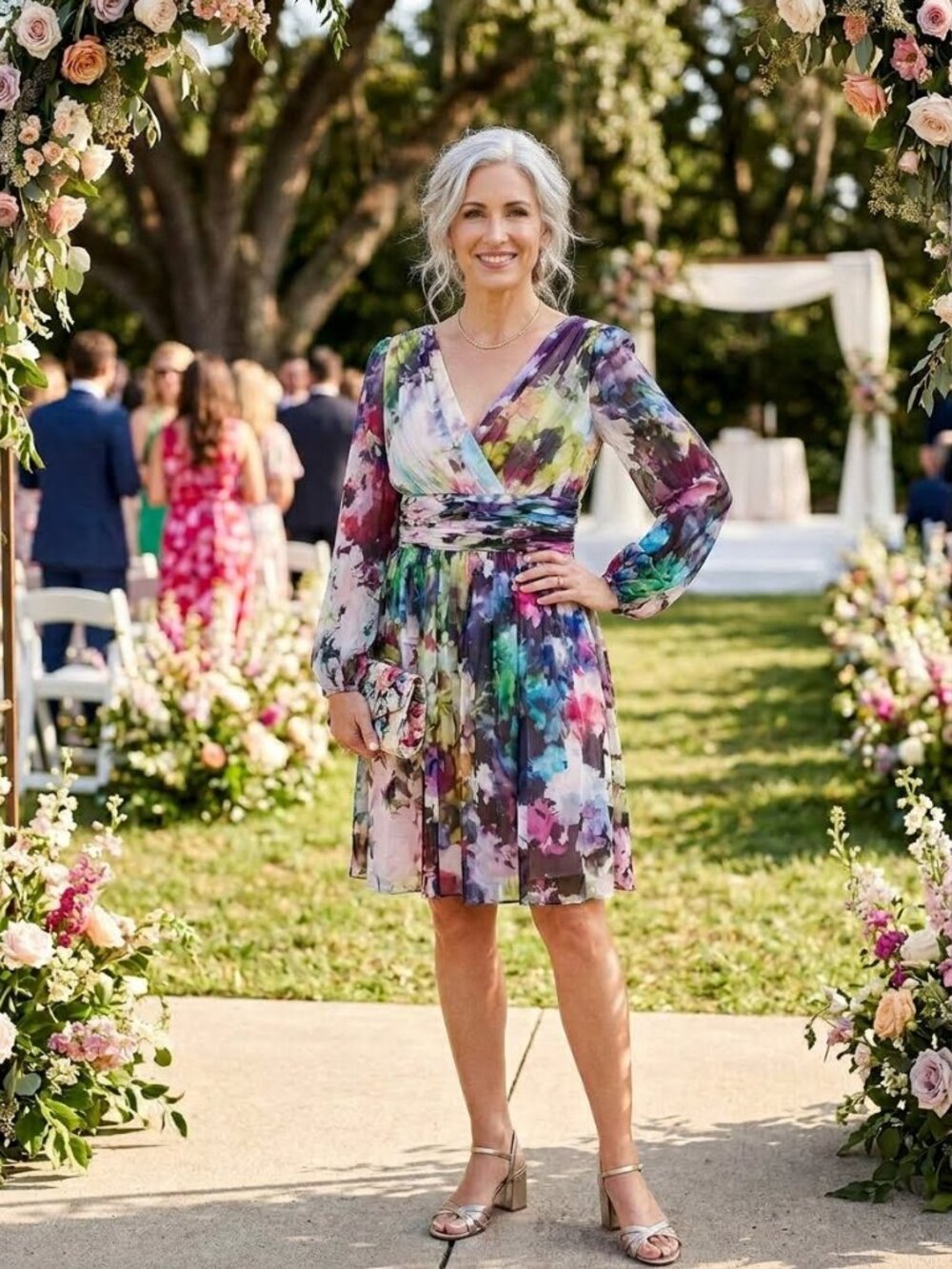 Vintage Maggy London Multicolor Floral Long Sleeve V-Neck Silk Chiffon Dress